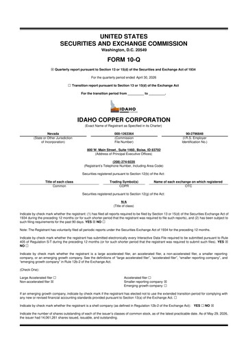 Thumbnail Idaho Copper Corporation 10-Q Quarterly Report FY2027 