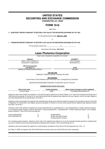 Thumbnail Laser Photonics 10-Q Quarterly Report FY2026 