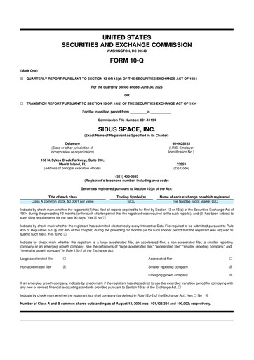 Thumbnail Sidus Space 10-Q Quarterly Report FY2026 