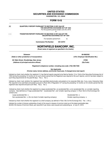 Thumbnail Northfield Bancorp 10-Q Quarterly Report FY2016 