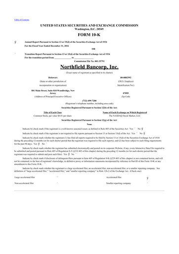 Thumbnail Northfield Bancorp 10-K Annual Report 2016