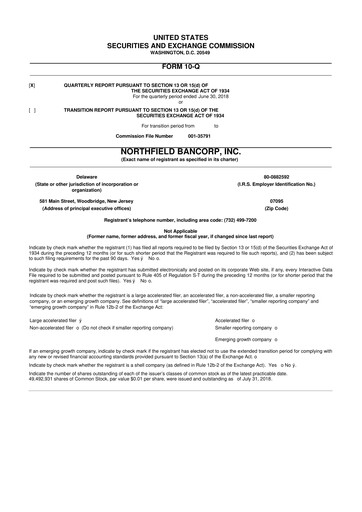 Thumbnail Northfield Bancorp 10-Q Quarterly Report FY2018 