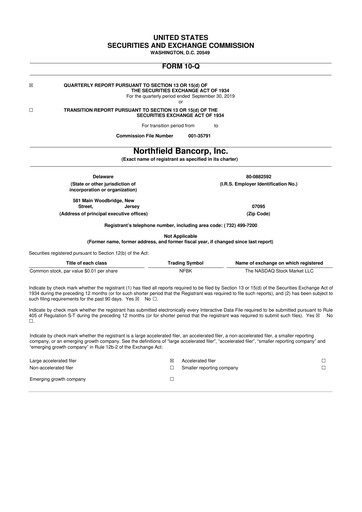 Thumbnail Northfield Bancorp 10-Q Quarterly Report FY2019 