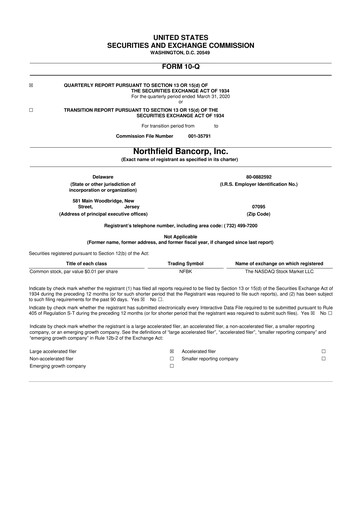 Thumbnail Northfield Bancorp 10-Q Quarterly Report FY2020 