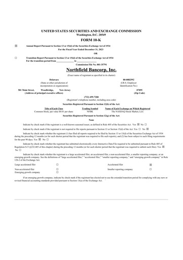Thumbnail Northfield Bancorp 10-K Annual Report 2023