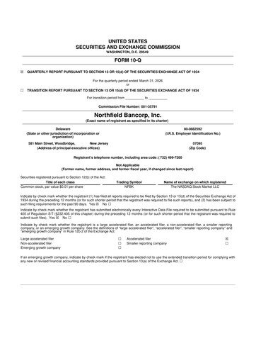 Miniature Northfield Bancorp 10-Q Rapport trimestriel  
