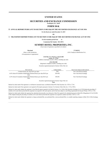 Miniature Summit Hotel Properties 10-K Rapport annuel 2019