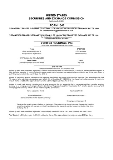 Thumbnail Veritex Holdings
 10-Q Quarterly Report FY2018 
