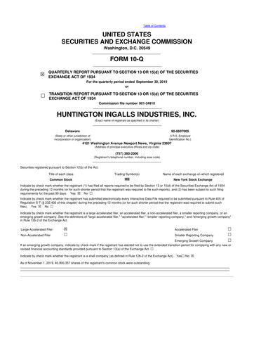 Thumbnail Huntington Ingalls Industries
 10-Q Quarterly Report FY2019 
