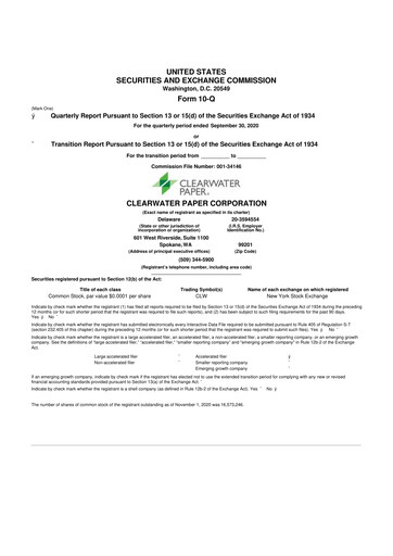 Thumbnail Clearwater Paper 10-Q Quarterly Report FY2020 