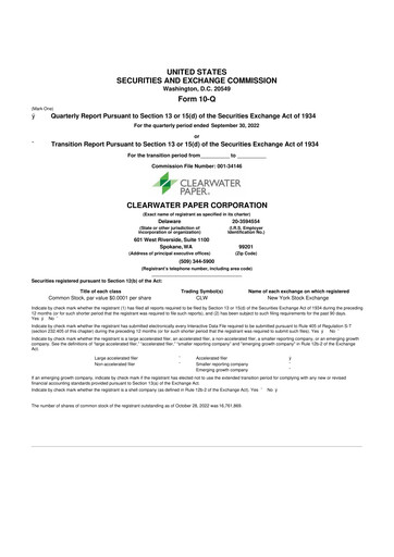 Thumbnail Clearwater Paper 10-Q Quarterly Report FY2022 