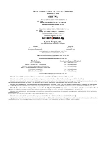 Thumbnail Kinder Morgan 10-K Annual Report 2016