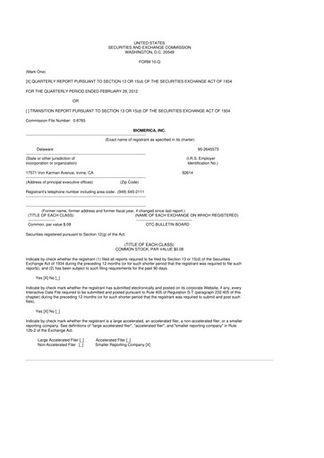 Vorschaubild Biomerica 10-Q Quartalsbericht 2012 