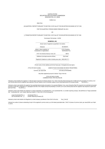 Vorschaubild Biomerica 10-Q Quartalsbericht 2014 