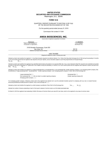 Miniature Anixa Biosciences 10-Q Rapport trimestriel 2019 