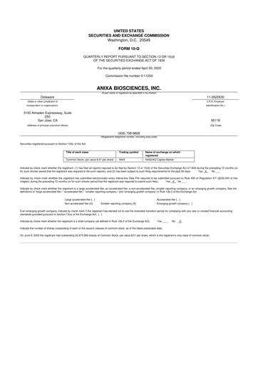 Miniature Anixa Biosciences 10-Q Rapport trimestriel 2020 