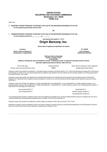 Vorschaubild Origin Bancorp 10-Q Quartalsbericht 2019 
