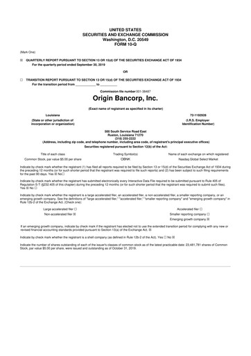 Vorschaubild Origin Bancorp 10-Q Quartalsbericht 2019 
