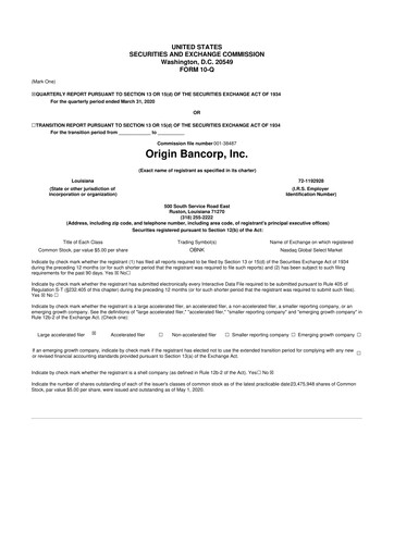 Vorschaubild Origin Bancorp 10-Q Quartalsbericht 2020 