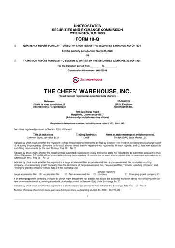 Thumbnail Chefs' Warehouse 10-Q Quarterly Report FY 