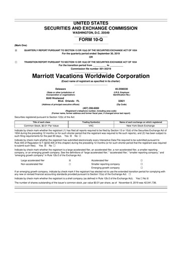 Thumbnail Marriott Vacations Worldwide 10-Q Quarterly Report FY2019 