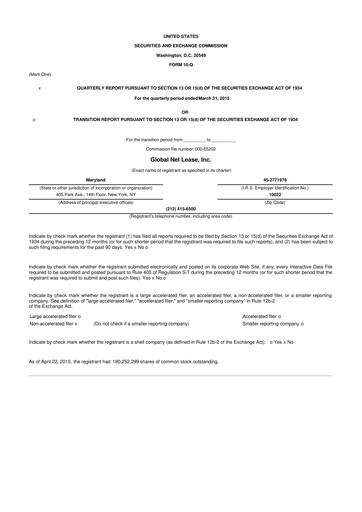 Miniature Global Net Lease
 10-Q Rapport trimestriel 2015 