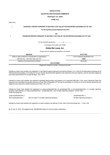 Miniature Global Net Lease
 10-Q Rapport trimestriel 2015 