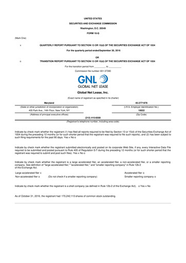Miniature Global Net Lease
 10-Q Rapport trimestriel 2016 
