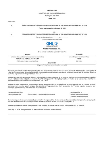 Miniature Global Net Lease
 10-Q Rapport trimestriel 2018 