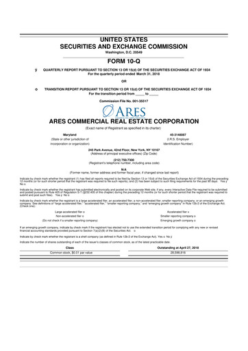 Thumbnail Ares Commercial Real Estate 10-Q Quarterly Report FY2018 