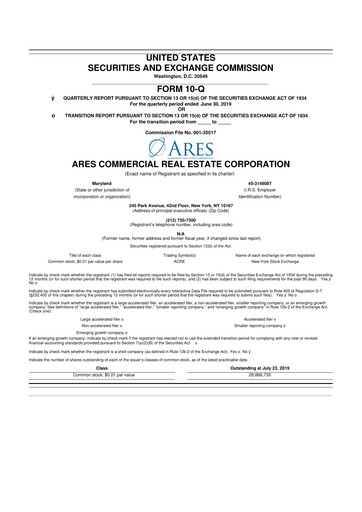Thumbnail Ares Commercial Real Estate 10-Q Quarterly Report FY2019 