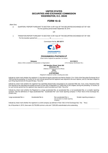 Thumbnail CrossAmerica Partners 10-Q Quarterly Report FY2015 