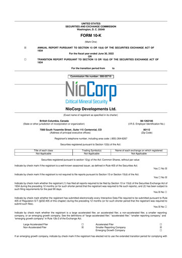 Miniature NioCorp Developments 10-K Rapport annuel 2022