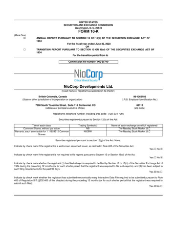 Miniature NioCorp Developments 10-K Rapport annuel 2023