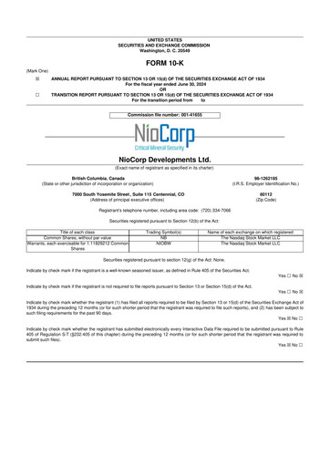 Miniature NioCorp Developments 10-K Rapport annuel 2024