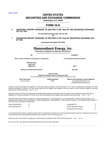 Miniature Diamondback Energy
 10-Q Rapport trimestriel 2021 