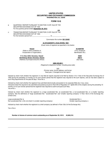 Vorschaubild Alexander & Baldwin
 10-Q Quartalsbericht 2012 