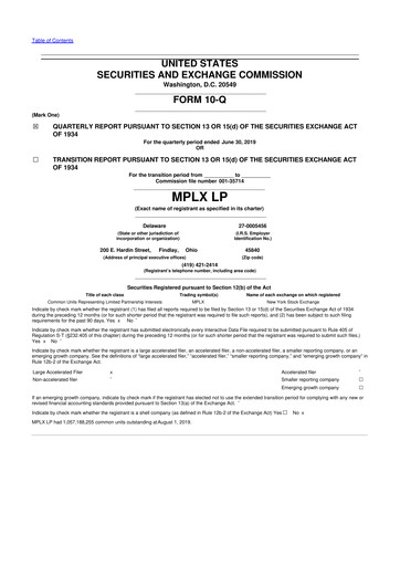 Thumbnail MPLX 10-Q Quarterly Report FY2019 