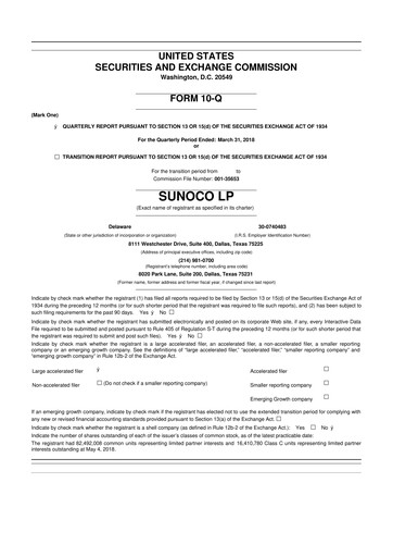 Thumbnail Sunoco 10-Q Quarterly Report FY2018 