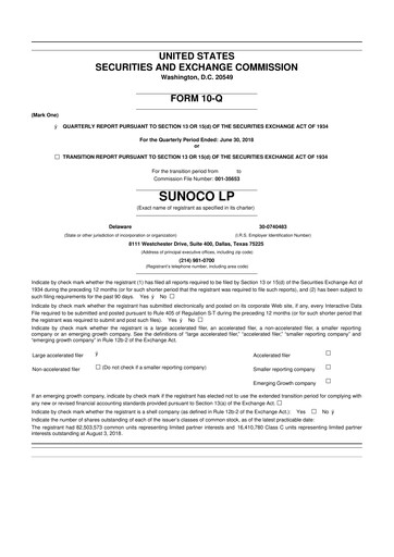 Thumbnail Sunoco 10-Q Quarterly Report FY2018 