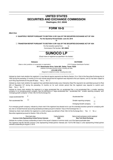 Thumbnail Sunoco 10-Q Quarterly Report FY2019 