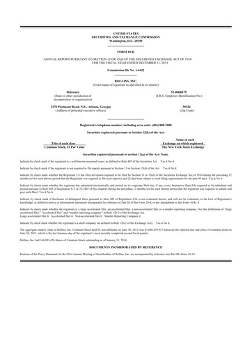 Thumbnail Rollins 10-K Annual Report 2013