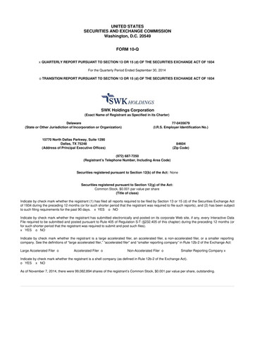 Thumbnail SWK Holdings 10-Q Quarterly Report FY2014 