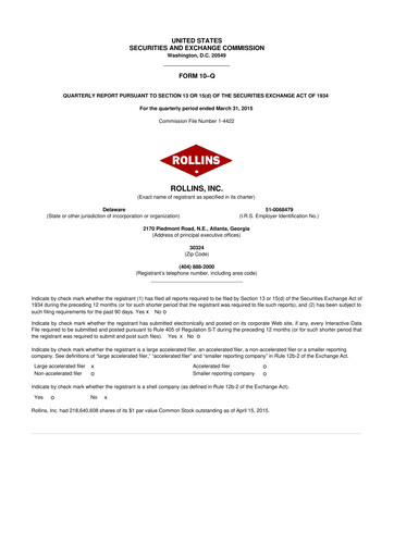 Miniature Rollins 10-Q Rapport trimestriel 2015 