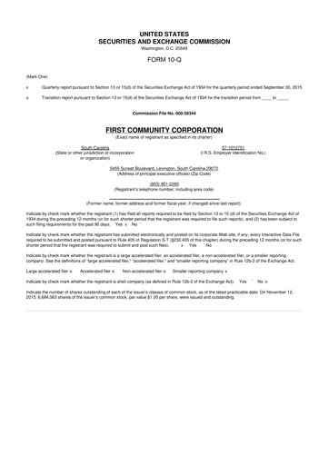 Thumbnail First Community Corporation 10-Q Quarterly Report FY2015 