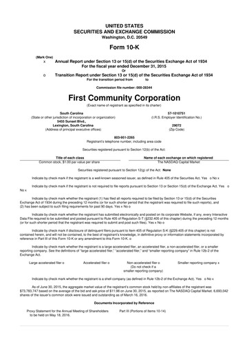 Thumbnail First Community Corporation 10-K Annual Report 2015
