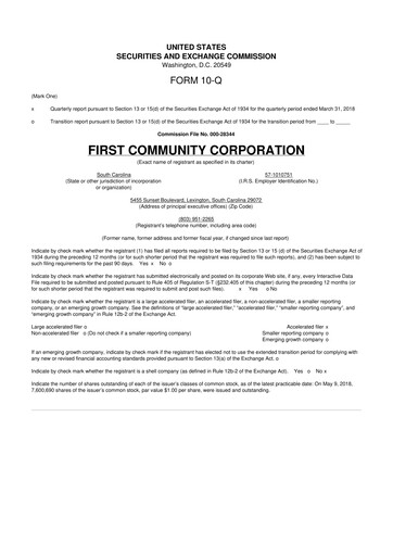 Thumbnail First Community Corporation 10-Q Quarterly Report FY2018 