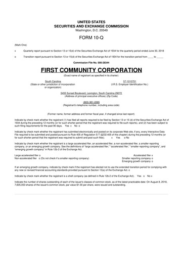Thumbnail First Community Corporation 10-Q Quarterly Report FY2018 