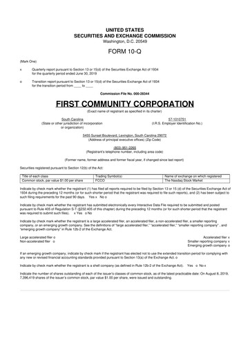 Thumbnail First Community Corporation 10-Q Quarterly Report FY2019 