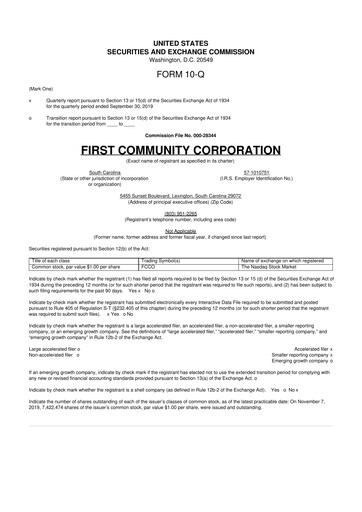 Thumbnail First Community Corporation 10-Q Quarterly Report FY2019 
